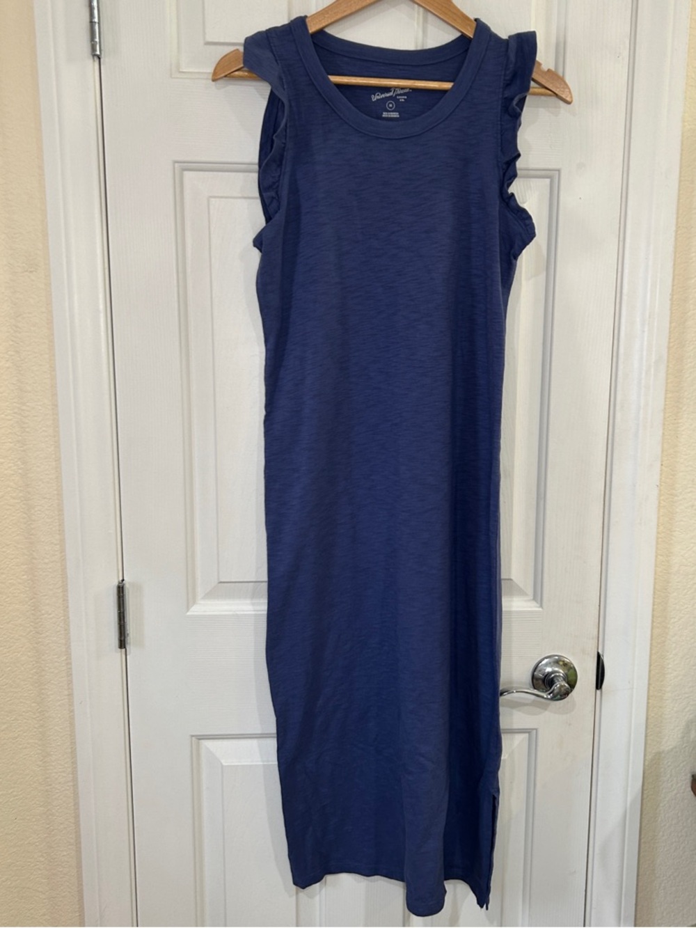 Sleeveless Ruffle-Trim Midi Dress in Navy